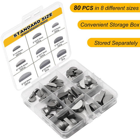 Woodruff key set, 80-piece in eight sizes, carbon steel, black, front view in clear plastic storage box