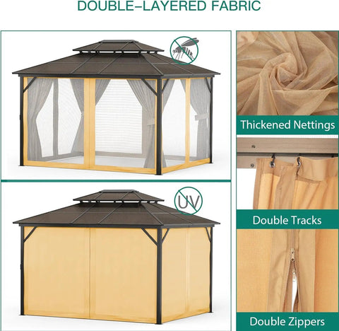 13X10 Ft Hardtop Gazebo With All Weather Aluminum Frame And Double Polycarbonate Roof, Netting And Curtains, Permanent Outdoor Canopy For Garden, Lawn And Patio, Khaki.