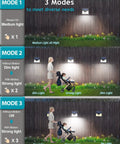 7 Pack Solar Lights With 140 LED Motion Sensor In 3 Modes illuminating a garden fence showing medium, dim, and strong light modes