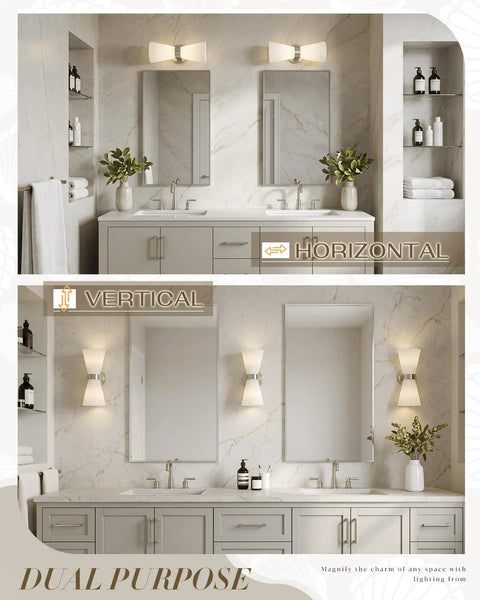 HWH Wall Sconces Set of 2, Indoor Up Down Wall Light, 5HZG97B-2W-2PK BN displayed in horizontal and vertical orientations in a modern bathroom.