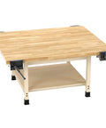 Solid Heavy Duty Student Workshop Table With Four Built In Bench Vises And Spacious Lower Shelf, Light Hardwood Working Platform, Chemical Resistant Finish, No Nonsense Classroom Trade Desk Built Tough For Hands On Learning, top view
