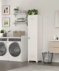 Slim Broom Storage Cabinet With Shelves And Hanging Rod Locking Door Metal Cabinet For Tight Spaces in laundry room.