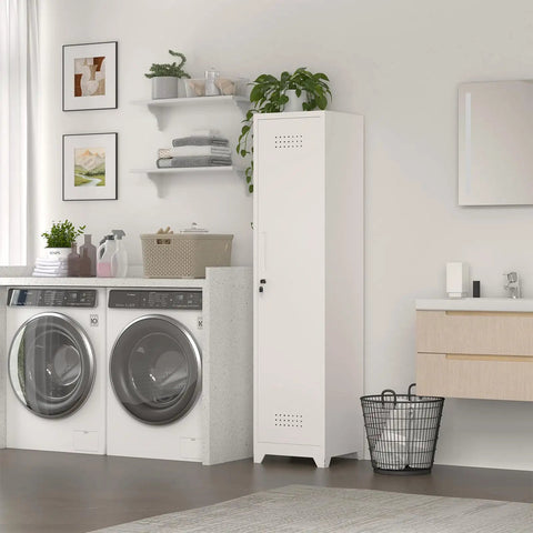 Slim Broom Storage Cabinet With Shelves And Hanging Rod Locking Door Metal Cabinet For Tight Spaces in laundry room.