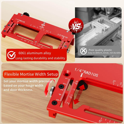 Close-up of a Door Hinge Jig For Doors And Frames Pro Grade Upgraded Adjustable Mortise Width Aluminum Alloy Template Kit
