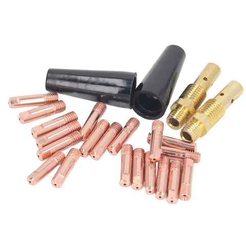 24 Pcs MIG Welding Gun Consumables Kit For FY 15AK With Copper Tips Nozzles And Diffusers Replacement Parts, close-up view