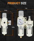 3/8 Inch NPT FRL Air Filter Regulator Lubricator Unit With Semi Auto Drain And Pressure Gauge, front and side view, dimensions