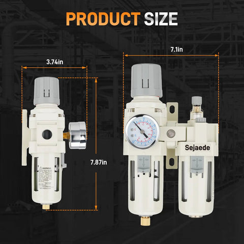 3/8 Inch NPT FRL Air Filter Regulator Lubricator Unit With Semi Auto Drain And Pressure Gauge, front and side view, dimensions