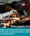 Built Tough Pneumatic Die Grinder With Fast Swap Chuck And Angled Shank For Zero Hassle Metal Deburring Wood Finishing And Rubber Shaping At A Rock Solid Two Thousand Rpm in use on metal with sparks.
