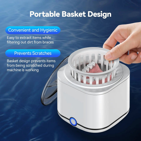 Person placing dentures in Ultrasonic Retainer Cleaner 48KHz High Frequency Cleaning Machine with basket design in cool white