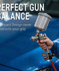 Digital Air Pressure Regulator With Locking Valve For Precise Airflow Up To 160 PSI shown attached to HVLP spray gun