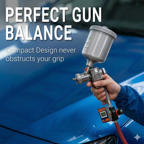 Digital Air Pressure Regulator With Locking Valve For Precise Airflow Up To 160 PSI shown attached to HVLP spray gun