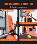 Image of 1550W Cordless Magnetic Drill Press With 13000N Force And 2 Inch Core Bit Variable Speed showcasing scale marking, easy grip handle, and features for beginners.