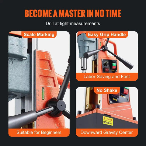 Image of 1550W Cordless Magnetic Drill Press With 13000N Force And 2 Inch Core Bit Variable Speed showcasing scale marking, easy grip handle, and features for beginners.