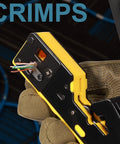Close-up of All In One RJ45 Pass Through Ethernet Crimp Tool Kit for Cat5 Cat5e Cat6 cables showing wire insertion feature.