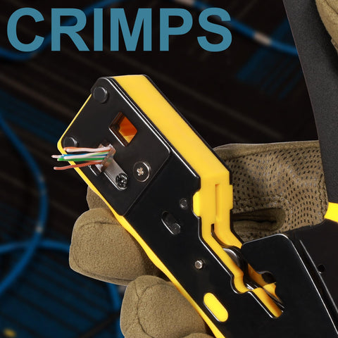 Close-up of All In One RJ45 Pass Through Ethernet Crimp Tool Kit for Cat5 Cat5e Cat6 cables showing wire insertion feature.