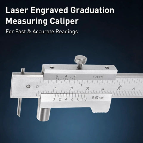 Vernier Caliper 0-8 Inch Dual Scale Stainless Steel With Carbide Scriber, Precision 0.002 Inch and 0.05mm, close-up on scales
