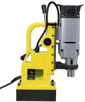 Workhorse Magnetic Drill Press Equipped With MT3 Spindle Taper And 13 Piece Annular Cutter Set For Knocking Out Clean Holes In Thick Metal Panels Up To Two Inches Deep 1350 Watt Motor side view showcasing the powerful motor and sturdy base.
