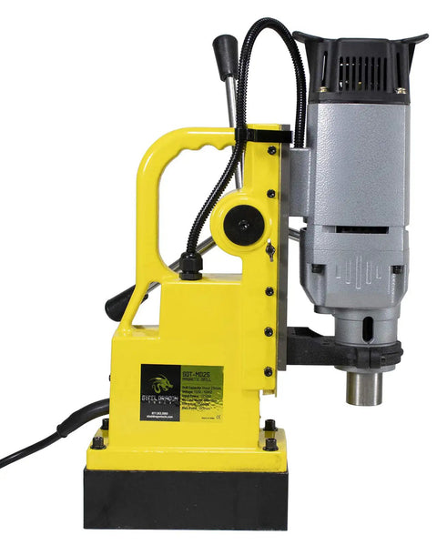 Workhorse Magnetic Drill Press Equipped With MT3 Spindle Taper And 13 Piece Annular Cutter Set For Knocking Out Clean Holes In Thick Metal Panels Up To Two Inches Deep 1350 Watt Motor side view showcasing the powerful motor and sturdy base.