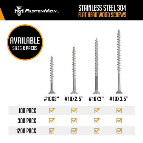 Chart showing sizes and packs of Stainless Steel Deck Screws 10x2.5 Inch 304 Grade 300 Count with T25 Star Drive Bit