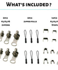 Contents of Three Size Zipper Repair Kit With Double Sided Sliders And Pulls For Jackets Luggage Backpacks And Outdoor Gear No Sew Installation Easy DIY Fix For Any Zipper No Sweat