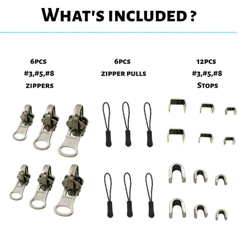 Contents of Three Size Zipper Repair Kit With Double Sided Sliders And Pulls For Jackets Luggage Backpacks And Outdoor Gear No Sew Installation Easy DIY Fix For Any Zipper No Sweat