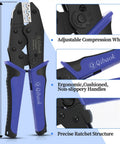 Ratcheting Wire Crimping Tool Kit With Four Interchangeable Dies for Heat Shrink Connectors Ferrules and Insulated Terminals shown with features.