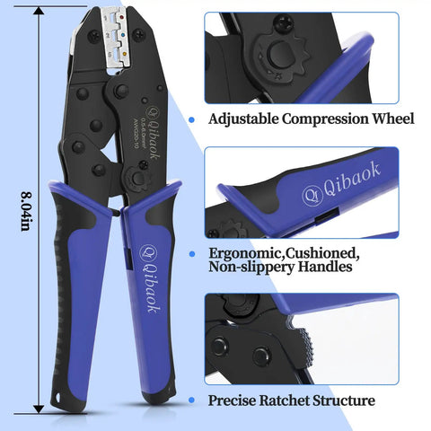 Ratcheting Wire Crimping Tool Kit With Four Interchangeable Dies for Heat Shrink Connectors Ferrules and Insulated Terminals shown with features.