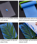 Steps to use Gel Printing Plate 17.5x12.6cm for monoprinting with blue paint and leaf stencil on clear silicone plate.
