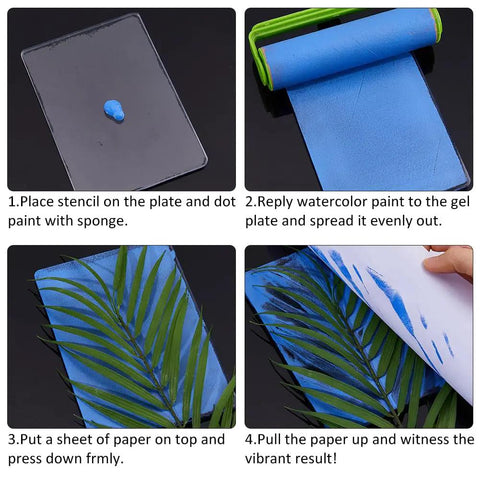 Steps to use Gel Printing Plate 17.5x12.6cm for monoprinting with blue paint and leaf stencil on clear silicone plate.