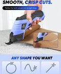 Rechargeable Cordless Electric Fabric Scissors And Cardboard Cutter With Tungsten Steel Blade cutting curved cardboard, blue housing.