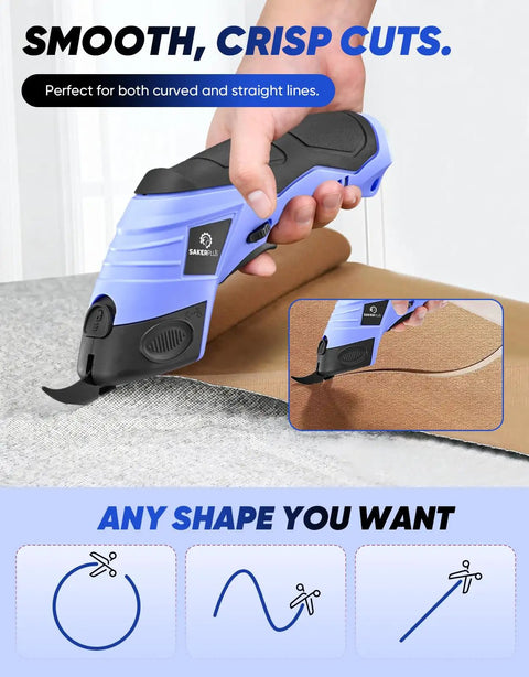 Rechargeable Cordless Electric Fabric Scissors And Cardboard Cutter With Tungsten Steel Blade cutting curved cardboard, blue housing.