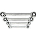 4 Pc Double Box Ratcheting Wrench Set SAE With 72 Tooth Ratchet And Dual Size Ends arranged in descending order