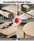 Incompatible desktop types for 3 Tier Clamp On Desk Shelf With Height Adjustment And 360 Degree Rotatable Tray For Over Under Desk Storage Baffle Included Space Saving Black Office Organizer For Accessories: drawer, glass, raised edges, rounded edges.