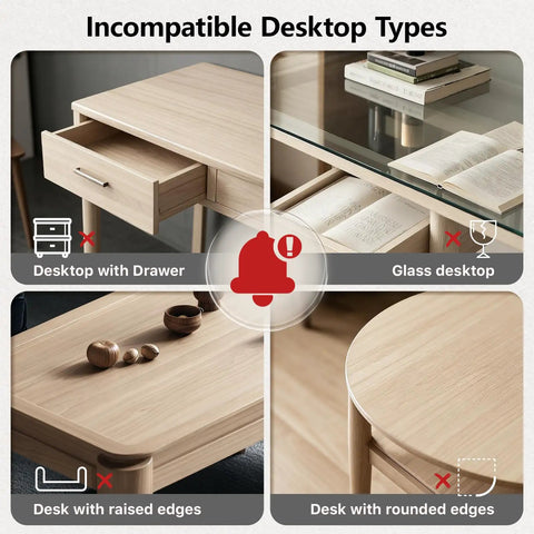 Incompatible desktop types for 3 Tier Clamp On Desk Shelf With Height Adjustment And 360 Degree Rotatable Tray For Over Under Desk Storage Baffle Included Space Saving Black Office Organizer For Accessories: drawer, glass, raised edges, rounded edges.
