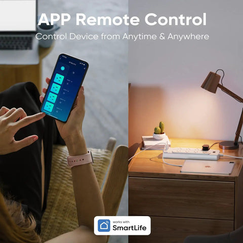 User controlling the Killer Smart Power Strip And Charging Station Featuring Six Controlled Outlets Plus Four Usb Ports With Rapid Type C Delivery.