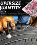 100 Piece Tire Plug Kit With Screwdriver For Quick Flat Tire Repair, worker using tools on car tire for repair demonstration