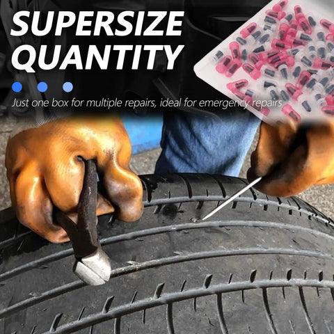 100 Piece Tire Plug Kit With Screwdriver For Quick Flat Tire Repair, worker using tools on car tire for repair demonstration