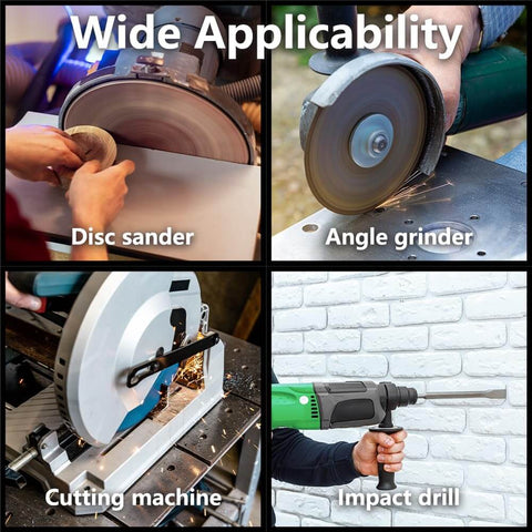Wide applicability of tools including disc sander, angle grinder, cutting machine, and impact drill for various tasks.