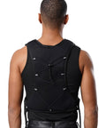 Back view of Mens Marathon Running Vest Hydration Backpack with black nylon-polyester material and reflective details.