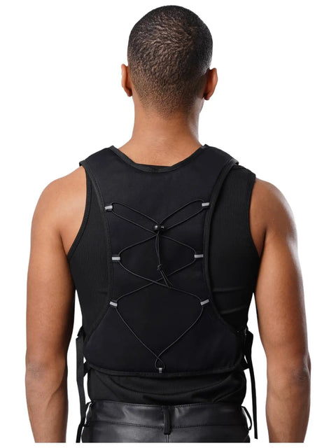 Back view of Mens Marathon Running Vest Hydration Backpack with black nylon-polyester material and reflective details.