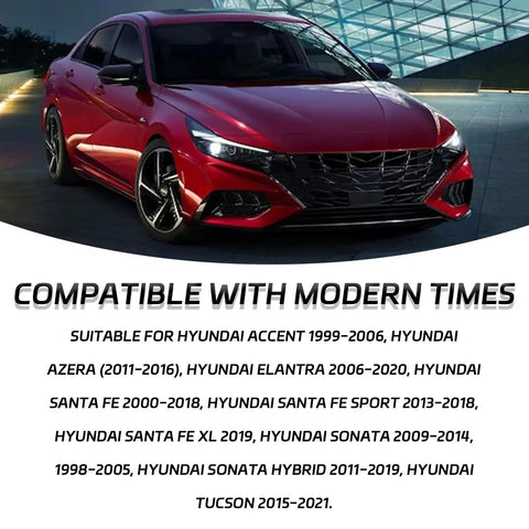 Red Hyundai sedan parked, highlighting compatibility with Accent, Azera, Elantra, Santa Fe, Sonata, Tucson models 1999-2021.