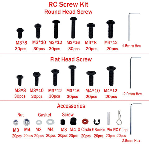 Traxxas Compatible 520 Piece Universal RC Screw Kit with round and flat head screws, hex keys, nuts, gaskets for RC cars.