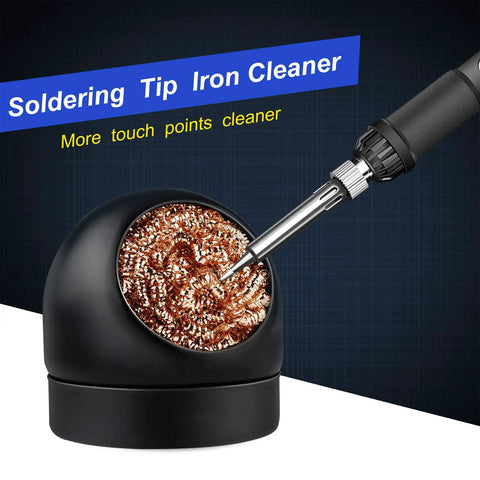 Pro Grade Soldering Iron Tip Cleaner Kit With Non Slip Cleaning Wire Ball And Base Holder in use with soldering iron