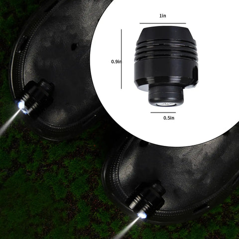 LED Clog Lights 2 Pack For Crocs Shoes Ultra Bright Night Run And Dog Walk Camping Gear product showing size details and light on crocs