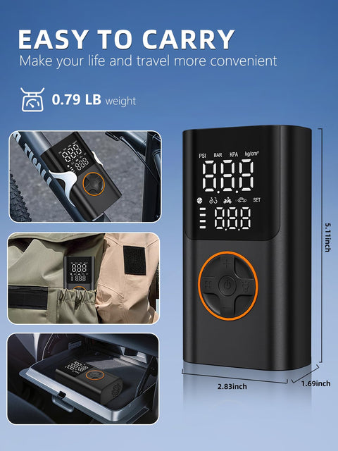 Portable Tire Inflator With Gauge And USB Charging Output, 150 PSI Fast Air Compressor compact design and features