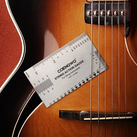 Guitar String Action Gauge And Height Ruler Setup Kit For Precise String Height, Saddle Slot, Nut And Pole Piece Measurements, Stainless Steel String Gauge Tool For Guitar, Bass, Mandolin, Banjo on guitar strings