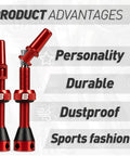 Front view: tubeless Presta valve stems, pair, red anodized aluminum with valve-core remover tool and caps