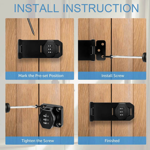 Installation guide for keyless 3 digit combination lock with rotary hasp for cabinets and doors, durable zinc alloy construction.