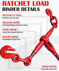 Diagram of Ratchet Chain Binders For Three Eighths And One Half Inch Chain, 9,400 Lb WLL, showing components and features