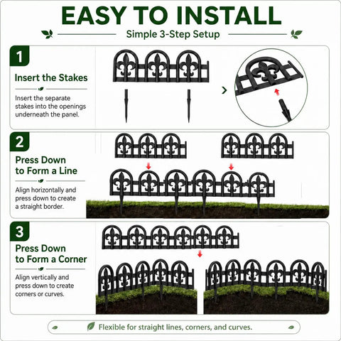 Black Garden Border Edging Kit With PP Plastic Metal Free Wrought Iron Look 15 Pieces 20 Foot Kit installation guide.